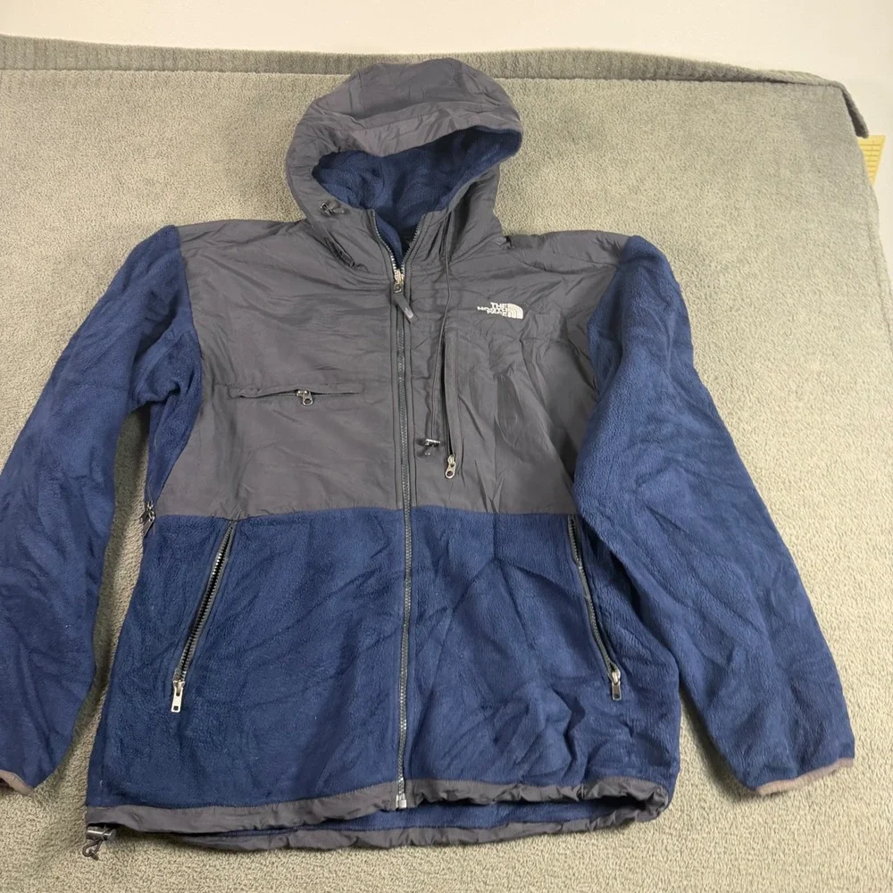 The North Face Denali Hooded Fleece Jacket Navy Blue Grey Mens Large Full Zip